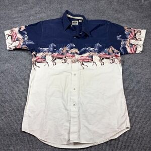 Cumberland Outfitters Shirt Men's‎ Large Pearl Snap Western Horses American Flag